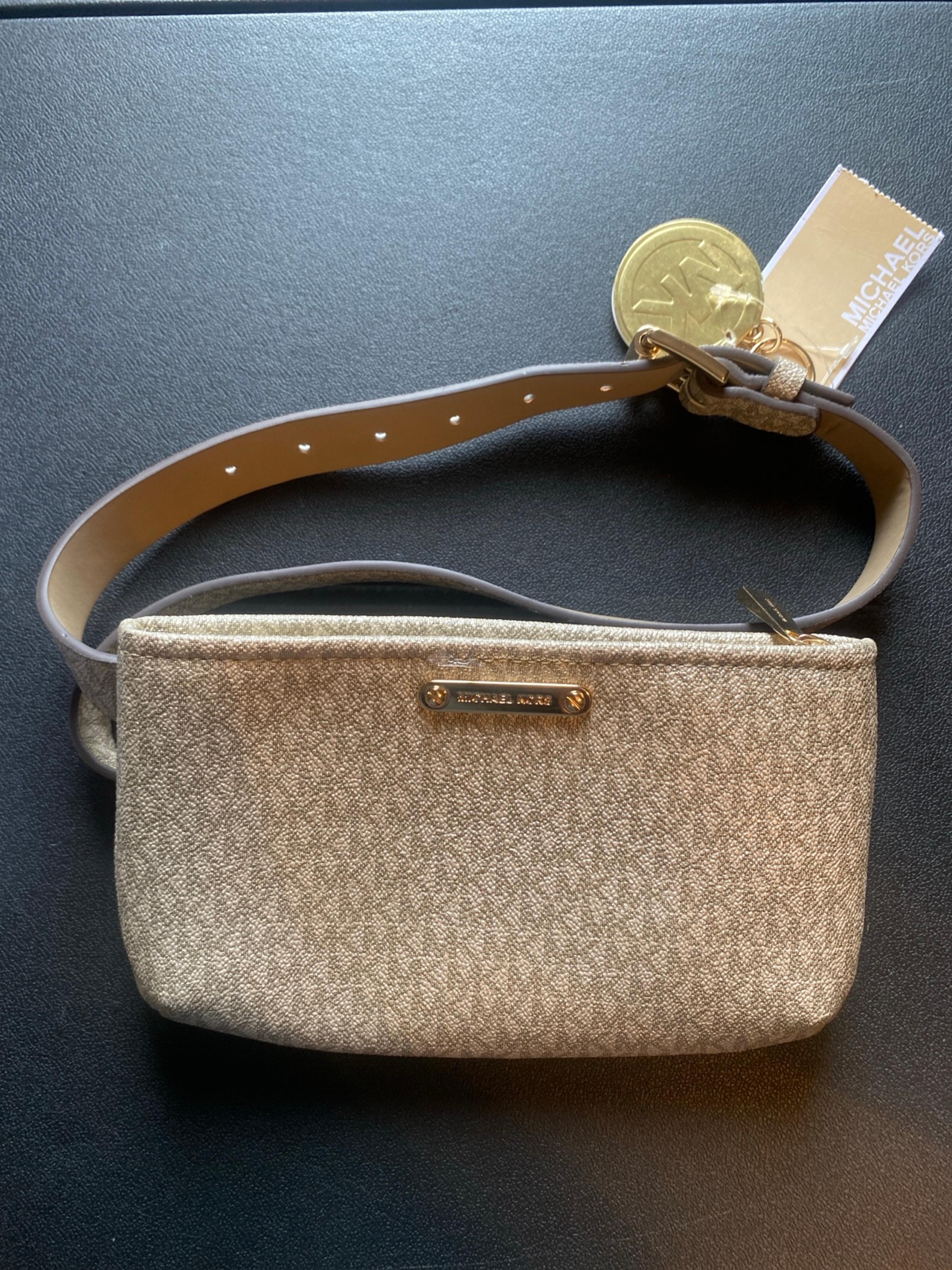 Michael Kors Pale Gold Logo Adjustable Buckle Fanny Pack Belt Bag Size: L/XL