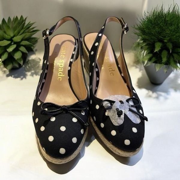 Kate Spade Wedge Heel Slingback Espadrilles Panama Nights polka dot Size 9.5