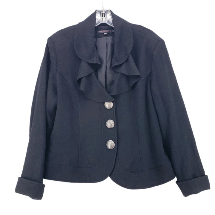 Robert Kitchen Black Wool Blend Jacket Ruffled Collar Large Silver Buttons Sz 14