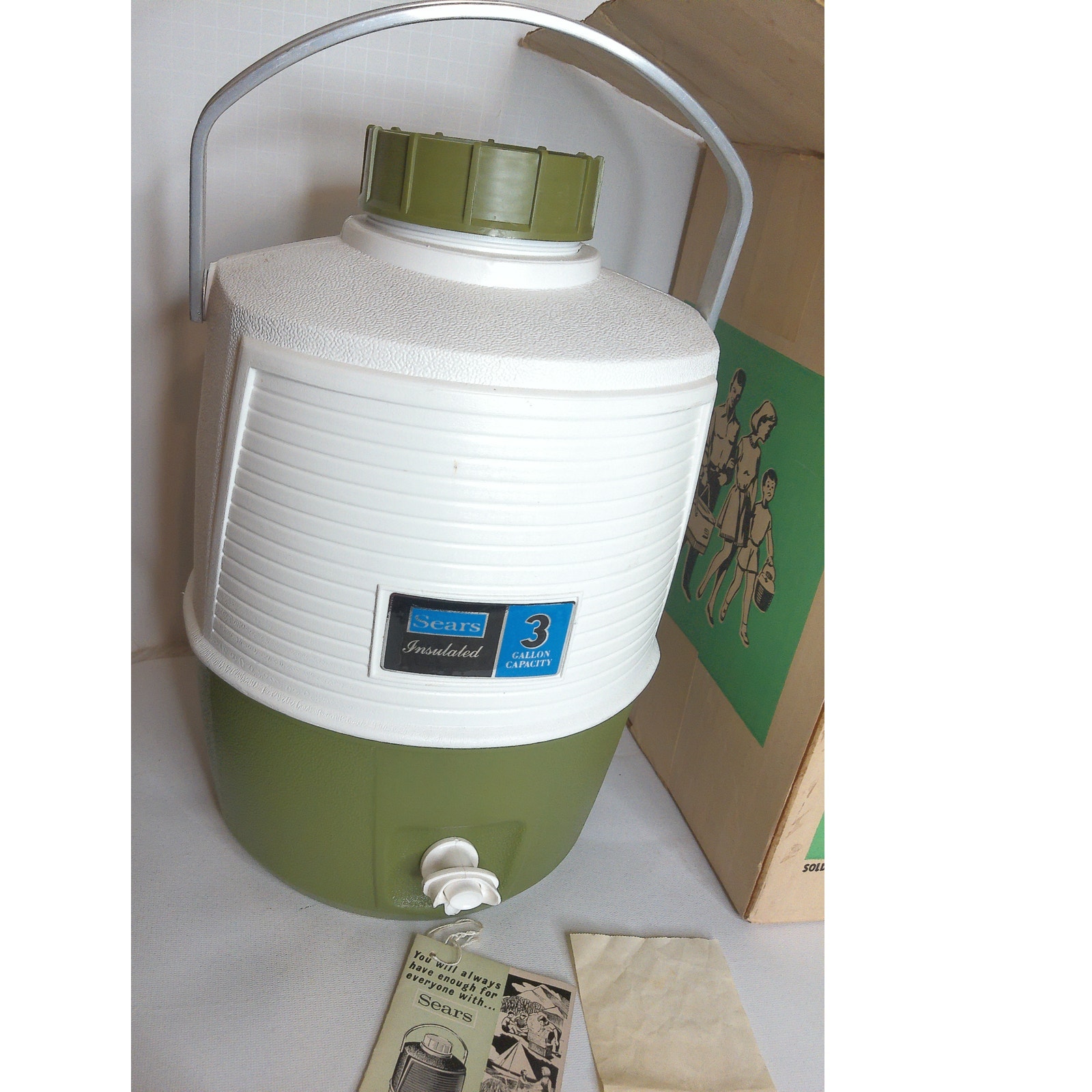 Vintage Sears Green Three Gallon Jug With Push Button Spigot Box Receipt