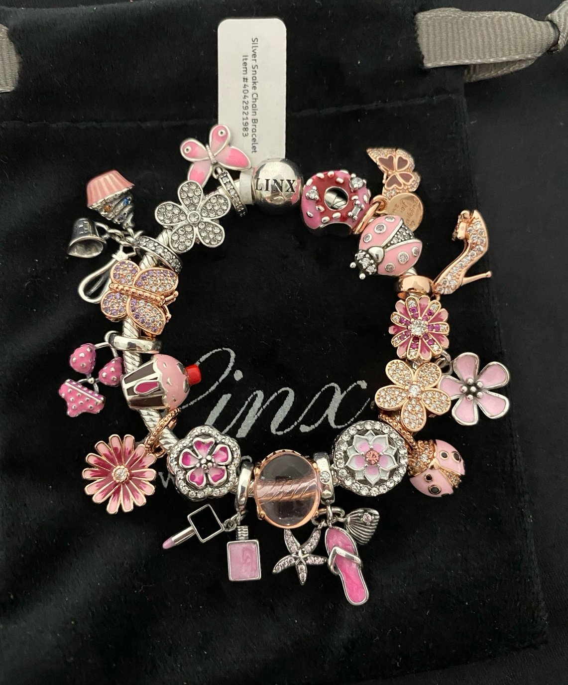 Linx Snake Chain Bracelet with Pink Silver and Rose Gold Themed Charms