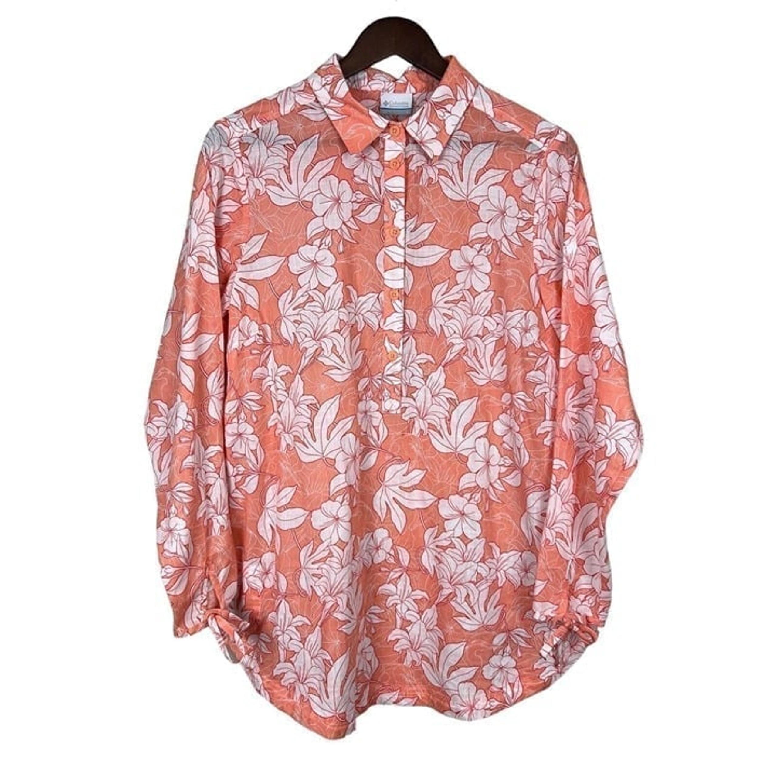 Columbia Tunic Top Womens Large Orange Floral Popover Button Long Sleeve Tie L