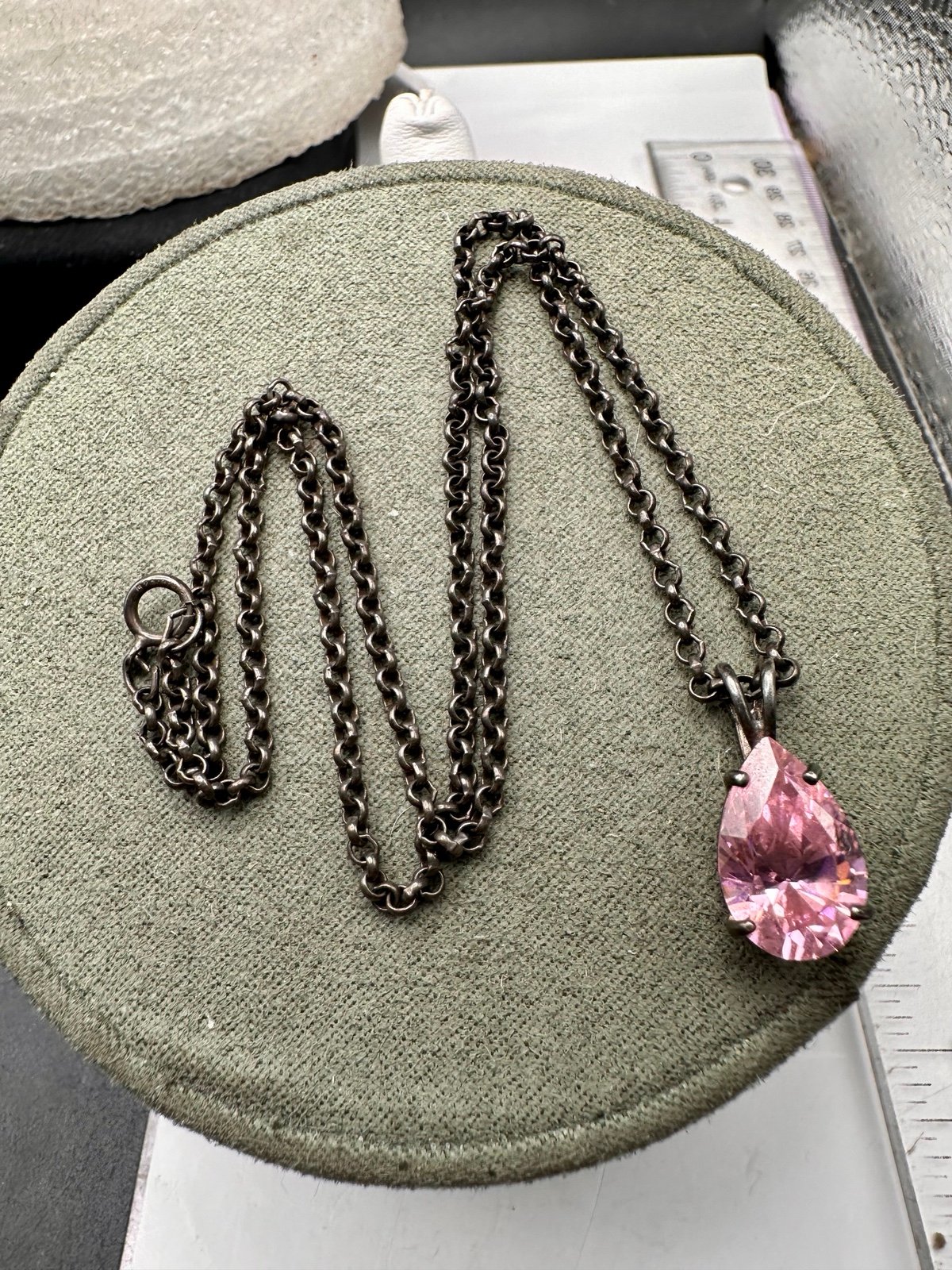 Vintage Dark Sterling Pear shape Pink CZ with Dark Rolo Chain