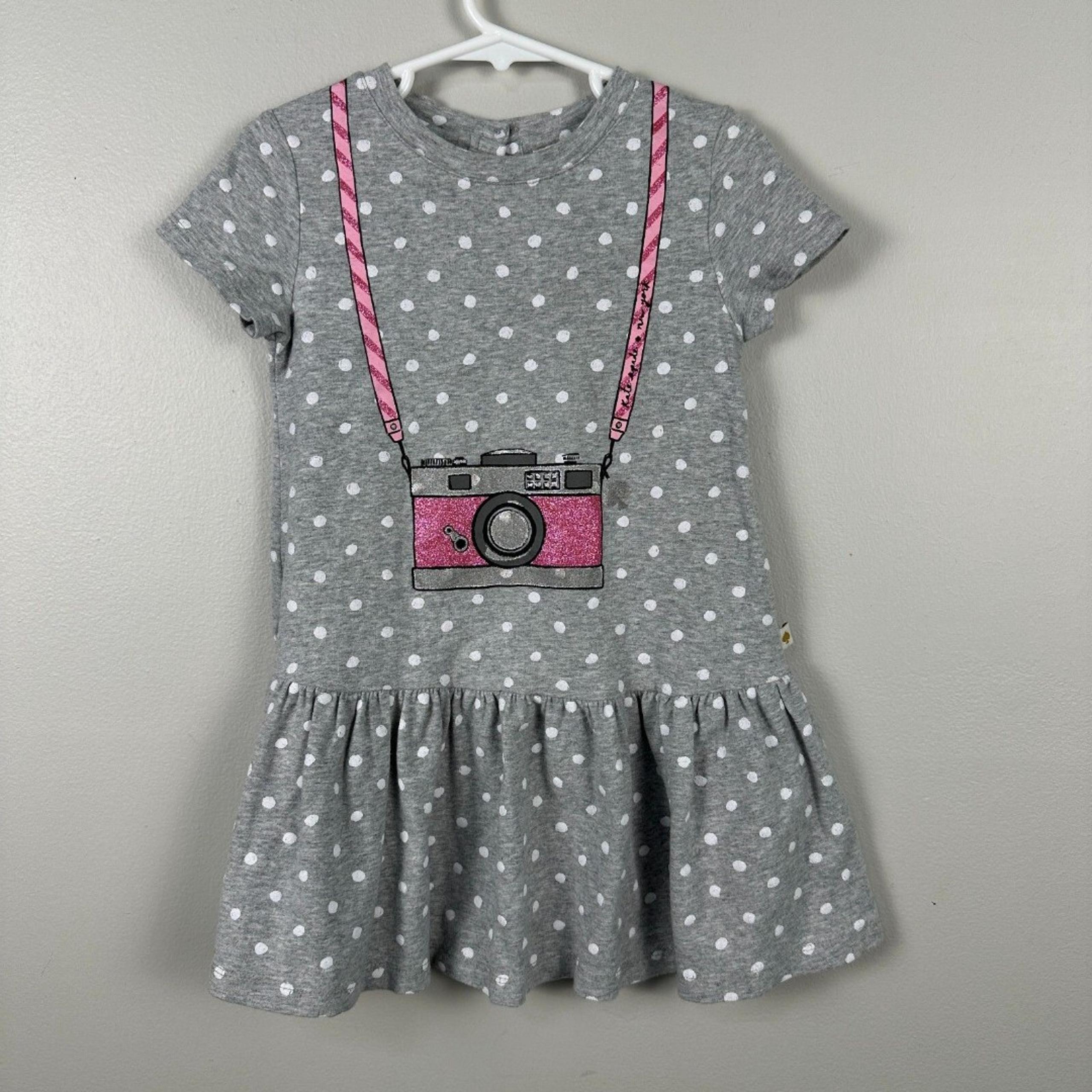 Kate Spade Dotted Dress Girls Size 4 Camera Print Short Sleeve Grey