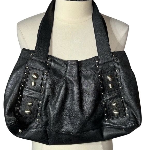 Kenneth Cole Black Leather Studded Hobo Bag Purse Women's Handbag