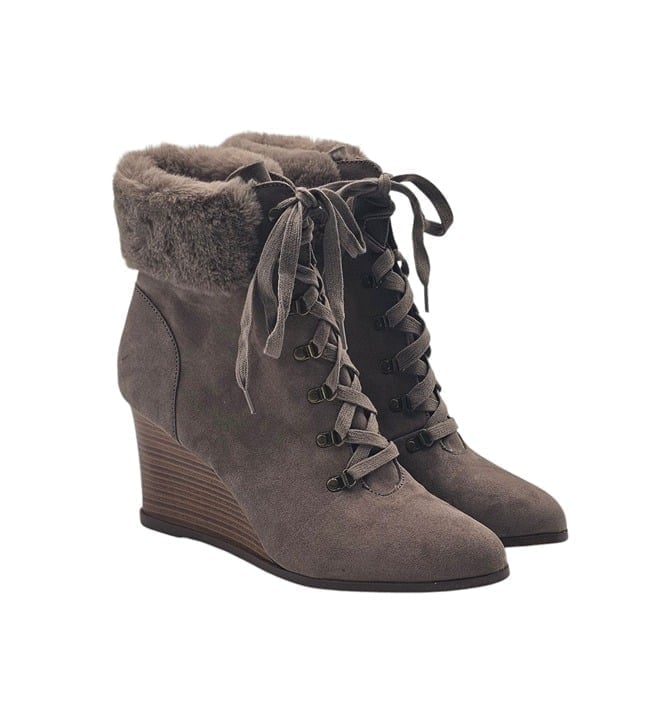 New Women's - Bamboo Faux Fur Lace Up Wedge Boots, Size 11