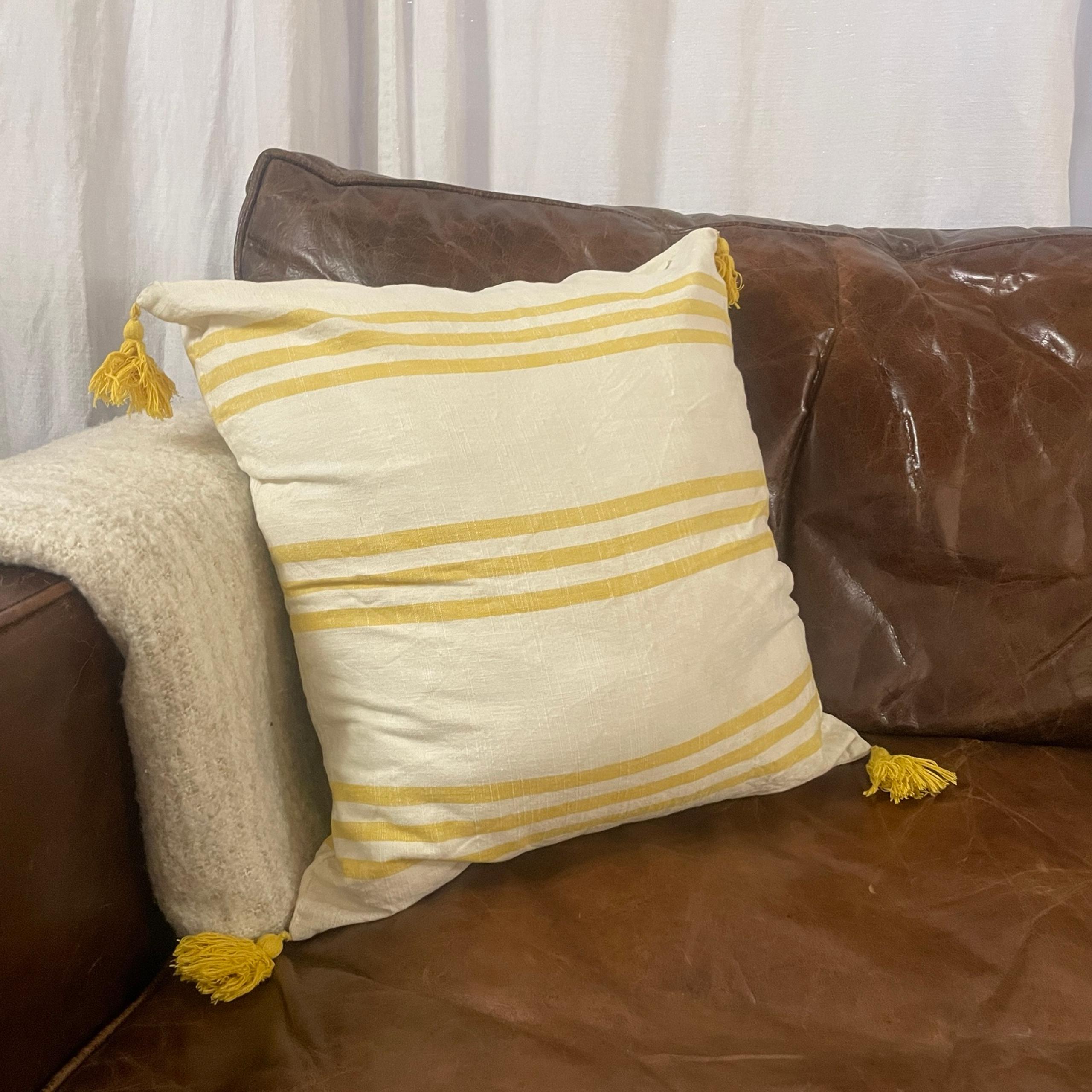 Yellow and white striped tassel Magnolia pillow cover
