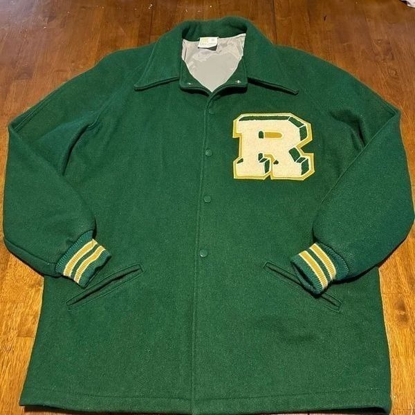 Vintage Wool Blend Green Yellow Varsity Letter Jacket Letterman USA Made Mens M