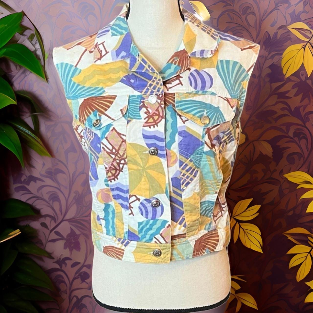 Vtg 80s Mondi Denim Beach Umbrella Chair Ball Fun Trucker/Biker Vest Sz S/M