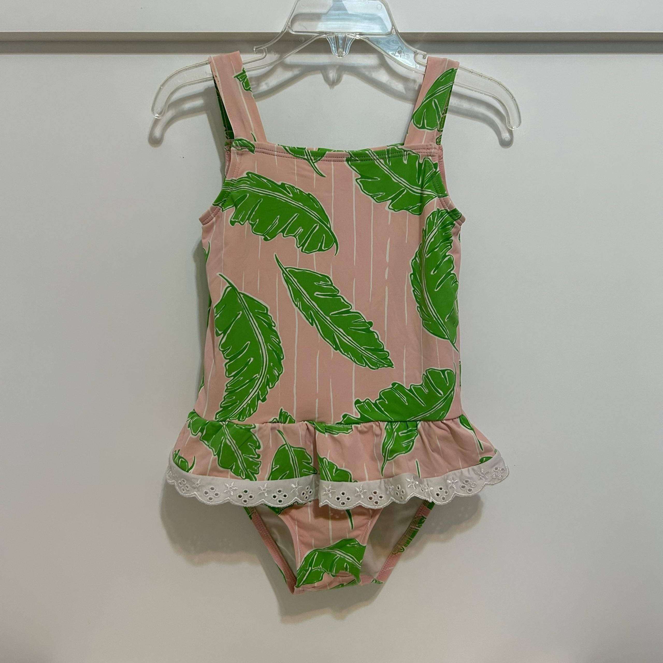 The Beaufort Bonnet Company Pink and Green Leaf Print Swimsuit girl 3T one piece