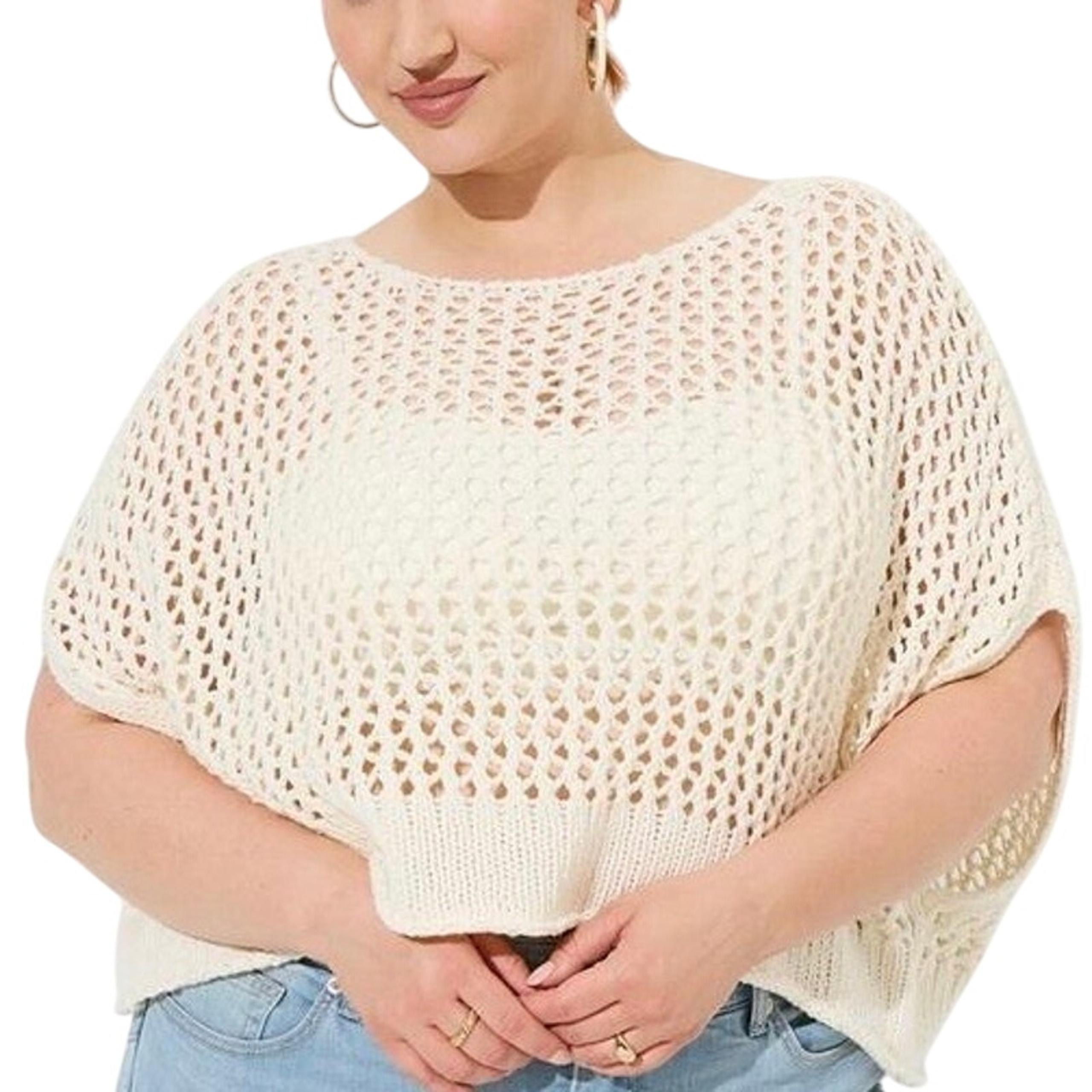 Torrid Open Stitch Pristine Ivory Pullover Oversized Cropped Sweater Size 3/4