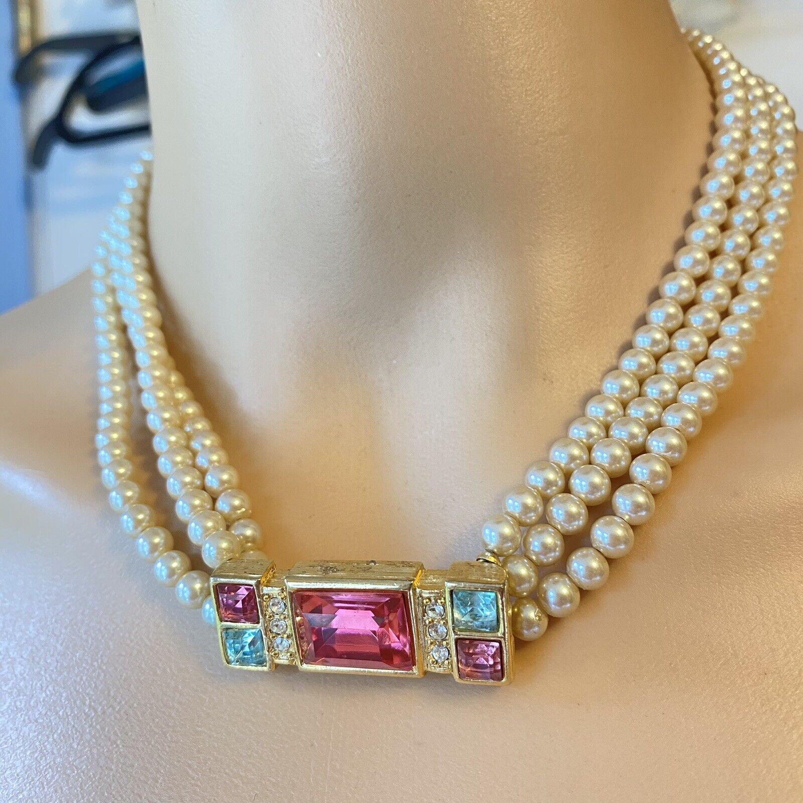 VTG 3 Strand Faux Pearl Gemstone Choker Necklace Party Formal Wedding Princess