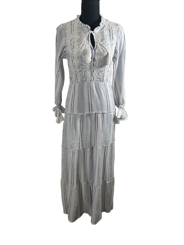 NWT Women's RAGA Maxi Dress Size XS White Blue Striped Long Sleeve