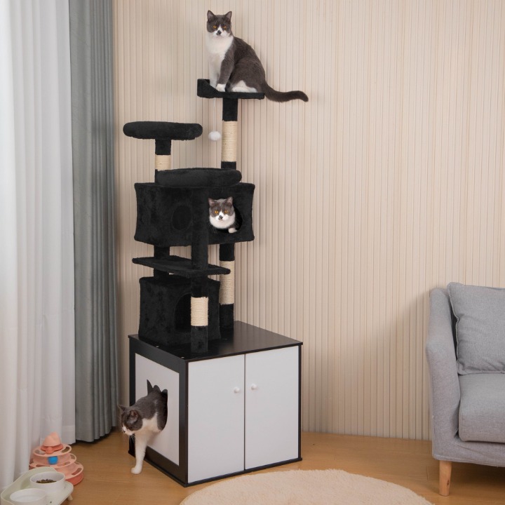 Cat Litter Box Enclosure with Cat Tree, Enlarged Cat Tower with Hidden Cat Washr
