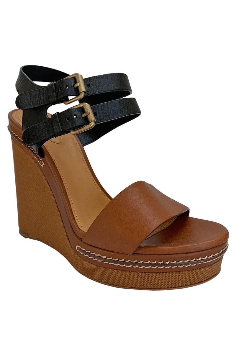 Chloe Two-Tone Brown + Black Leather Platform Wedge Sandal Size 36