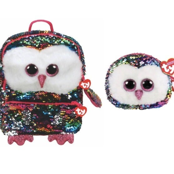 Ty Owen the Owl Flippables Reversible Sequin Rainbow Backpack & Wristlet Set