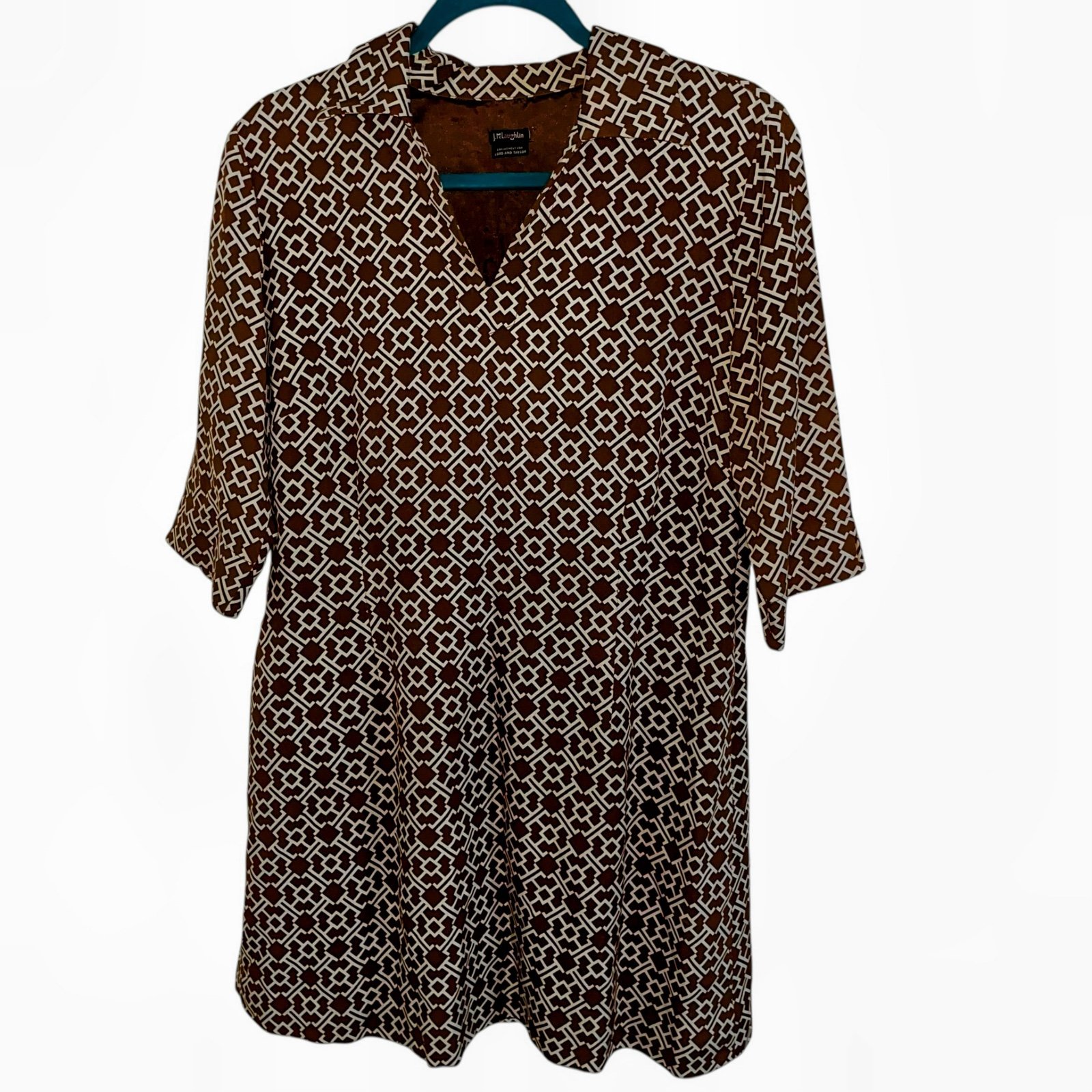 J. Mclaughlin Brown and White Geometric Pattern Dress silk wool XL lord Taylor