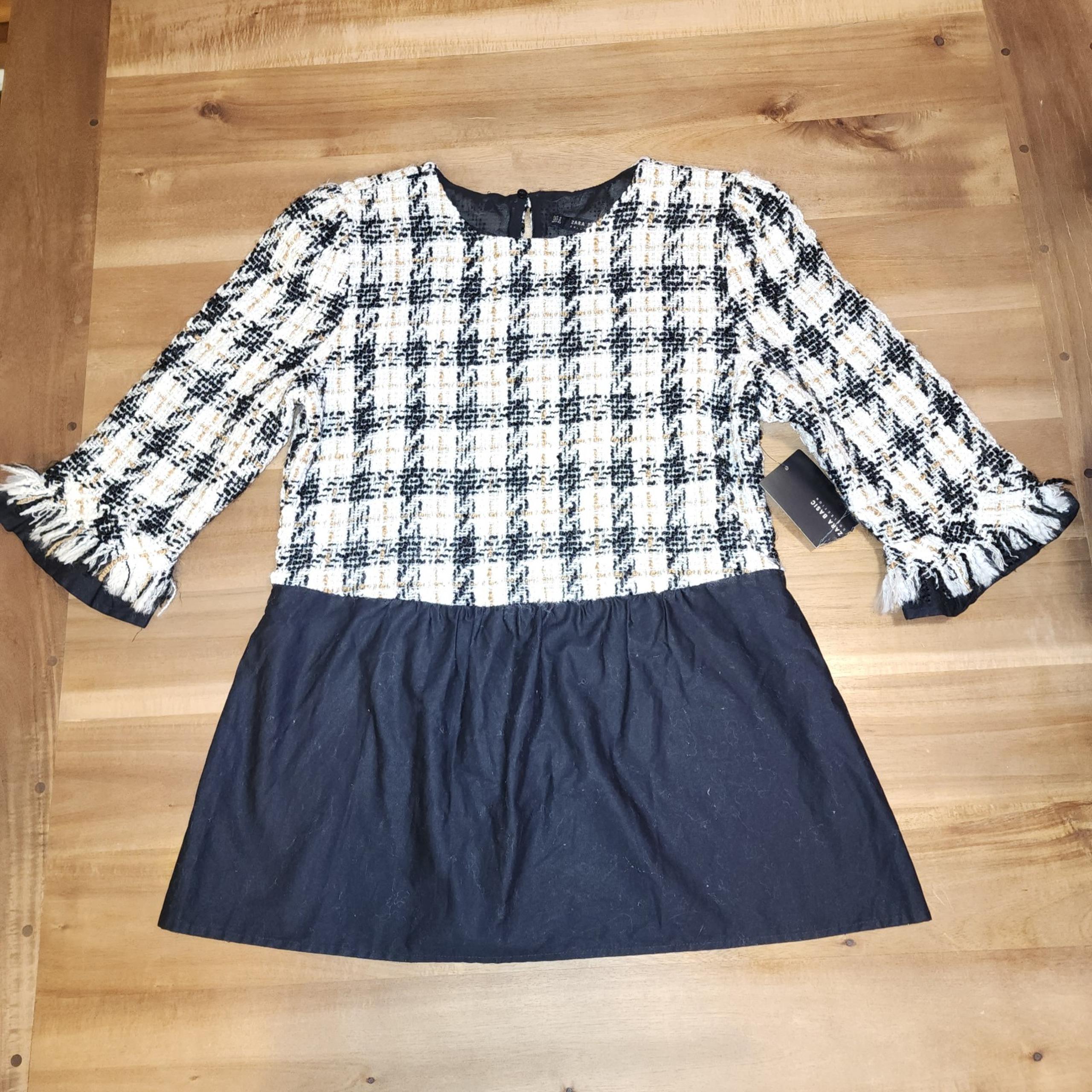 Zara Basic small Multi-color houndstooth tweed blouse nwt black white
