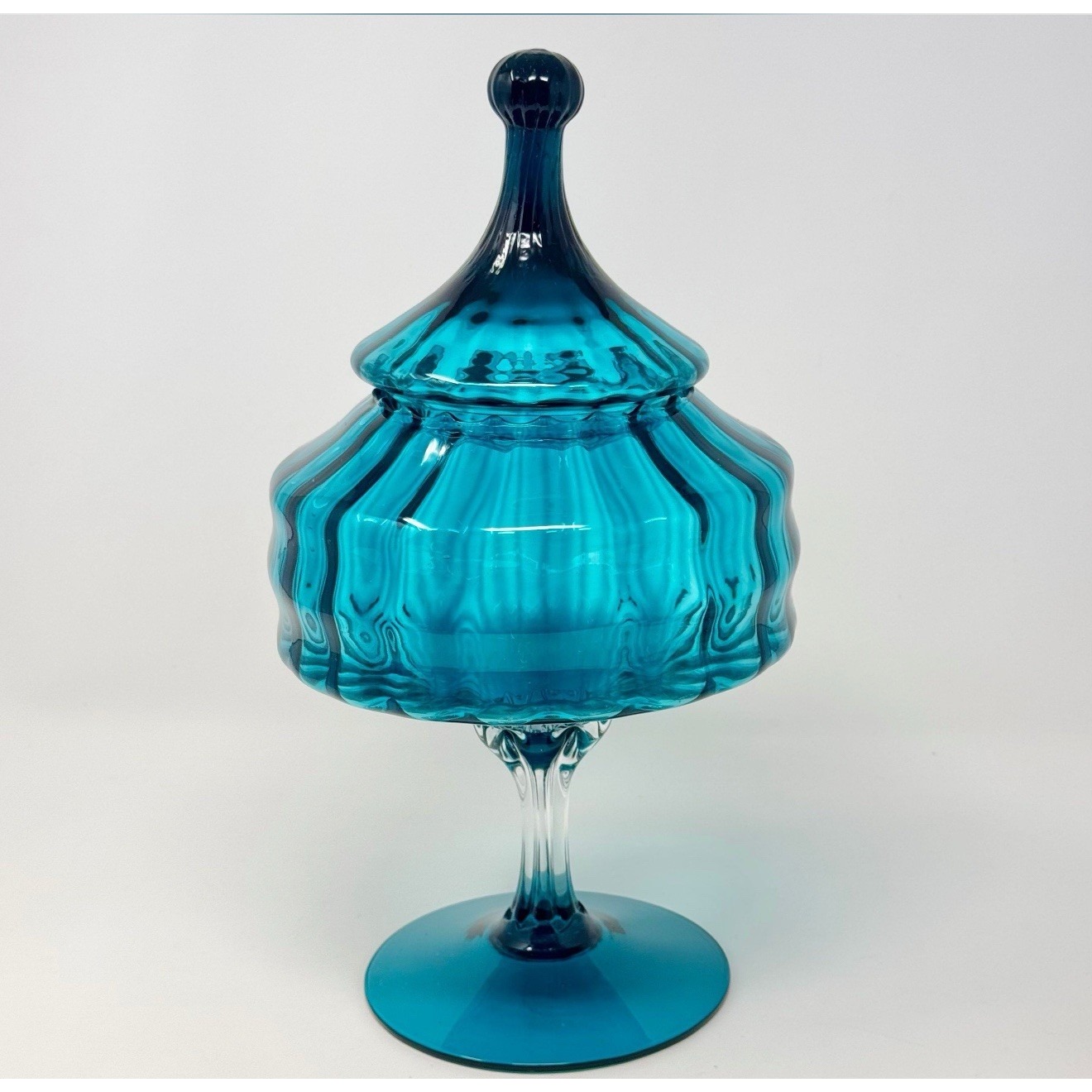 Vintage MCM Empoli Optic Teal Candy Dish Circus Tent 12 3/8 Tall