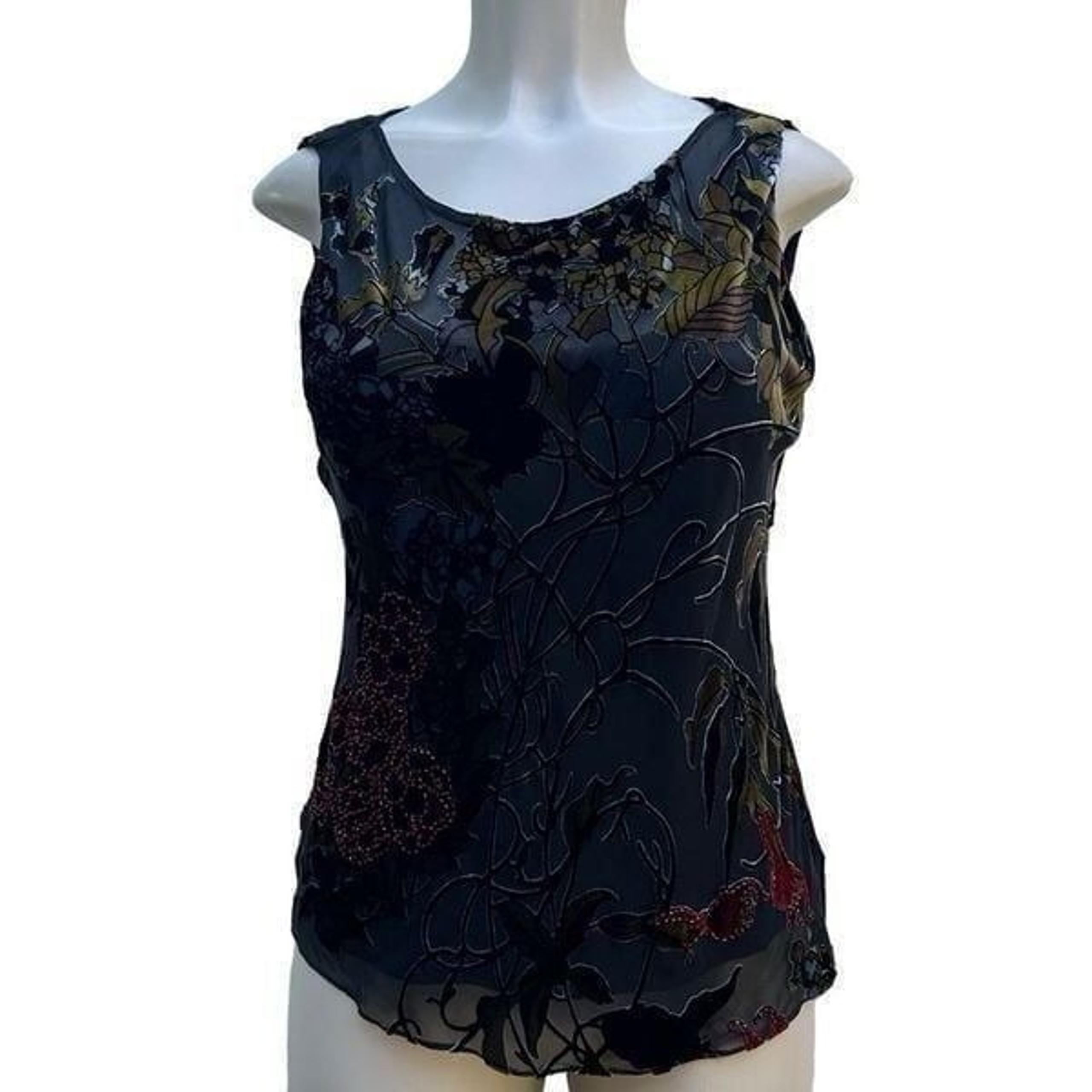 Alex Evenings Dressy Tank Women’s Medium Black Beaded Silk Blend Velvet On Mesh