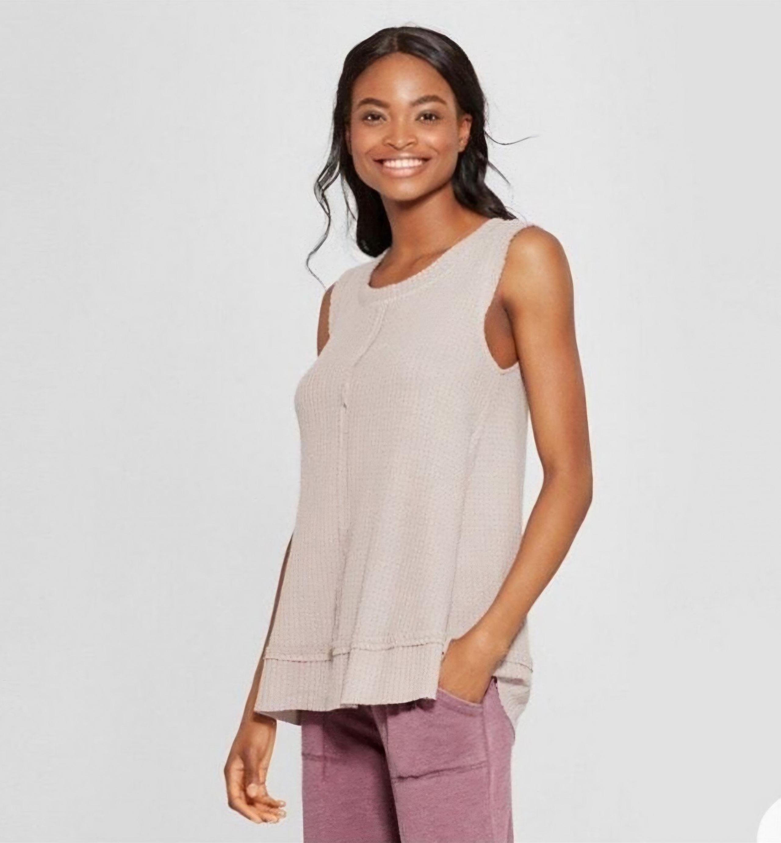Xhilaration Womens Soft & Cozy Waffle Knit Sleeveless Sleepwear Top, Tan, Medium