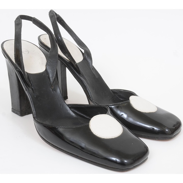 Joey-O Black White Dot Leather Slingback Pump Heels Women's 7.5 Retro Rockabilly