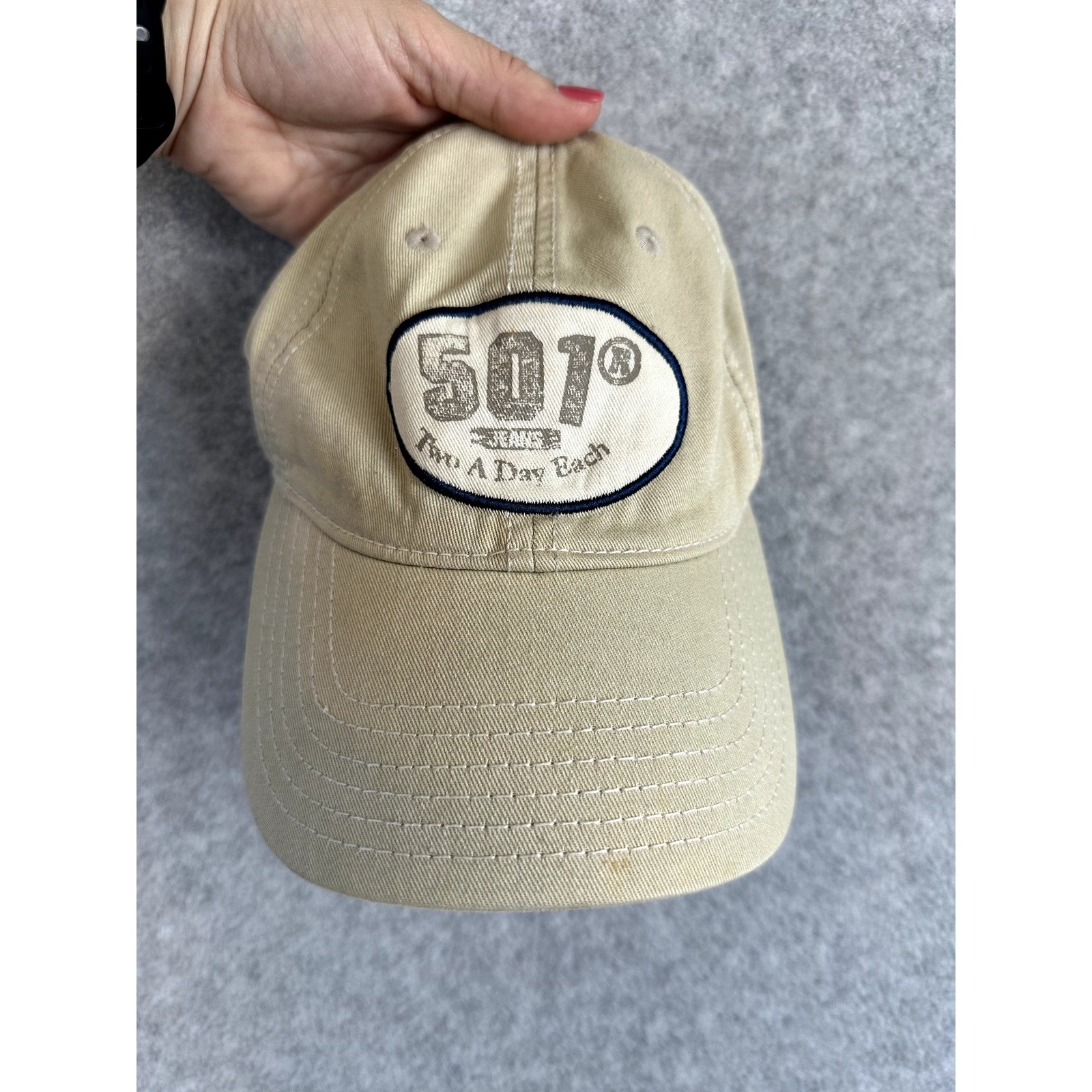 RARE 90's Levi's 501 Khaki Hat Two A Day Each Oval Logo Patch Vintage Unique
