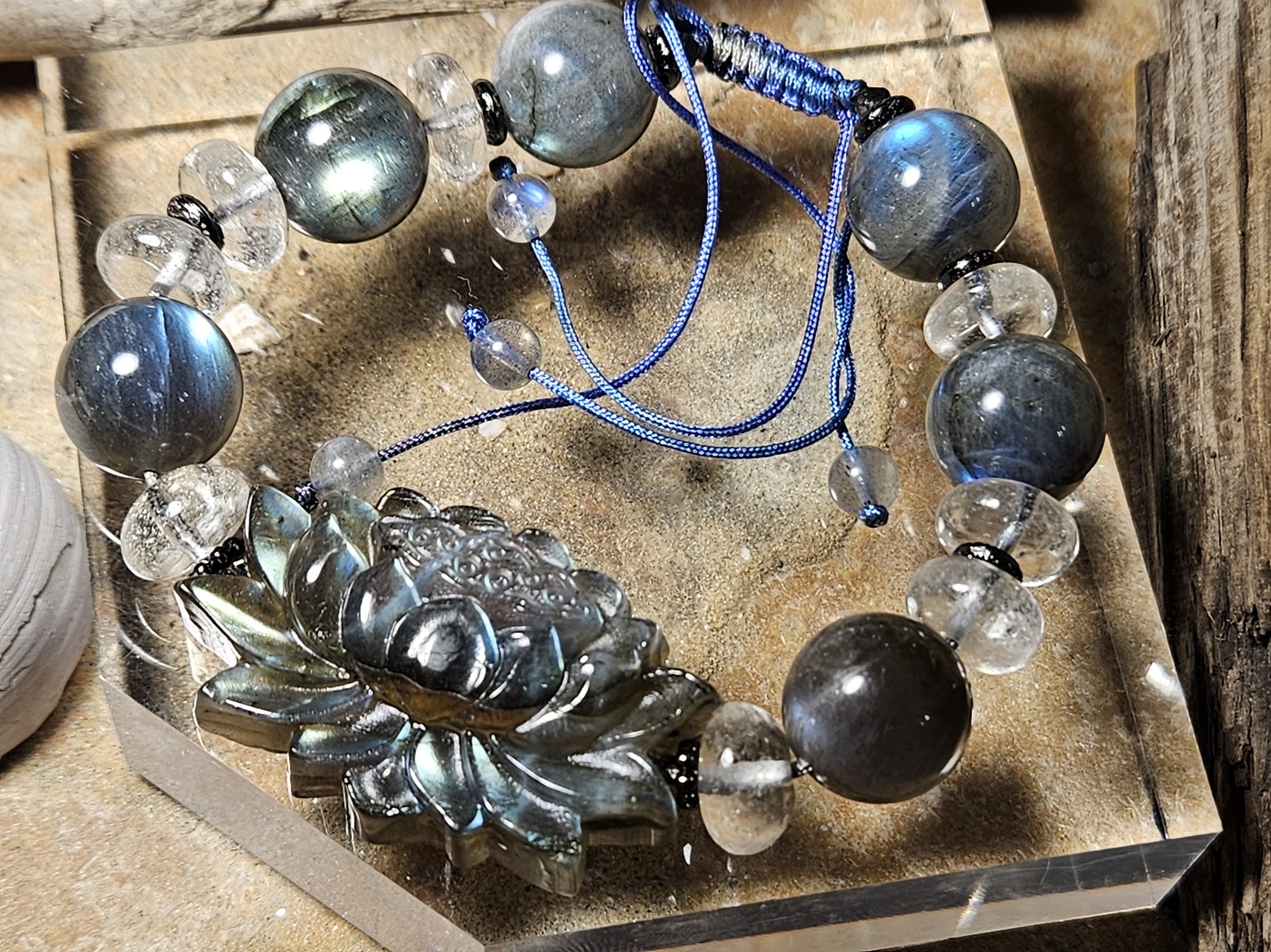 Illuminate Your Spirit with the Natural Blue Flashing Labradorite Lotus Bracelet