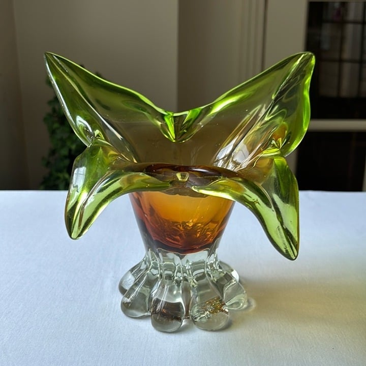 Vintage 60's Murano Glass Bowl/Vase/Decorative Beautiful Green And Amber Colors