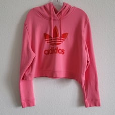 ADIDAS ORIGINALS Hoodie Sweatshirt Cropped Velvet Trefoil Logo Size Large Pink