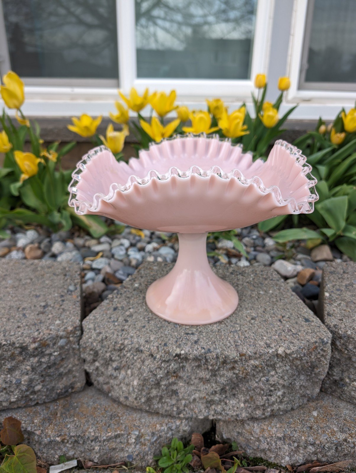Vintage Fenton Pink Milk Glass Silver Crest Compote - Large