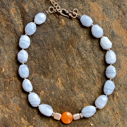 Designer Blue Lace Agate, Pearl, Faceted Orange Agate Necklace