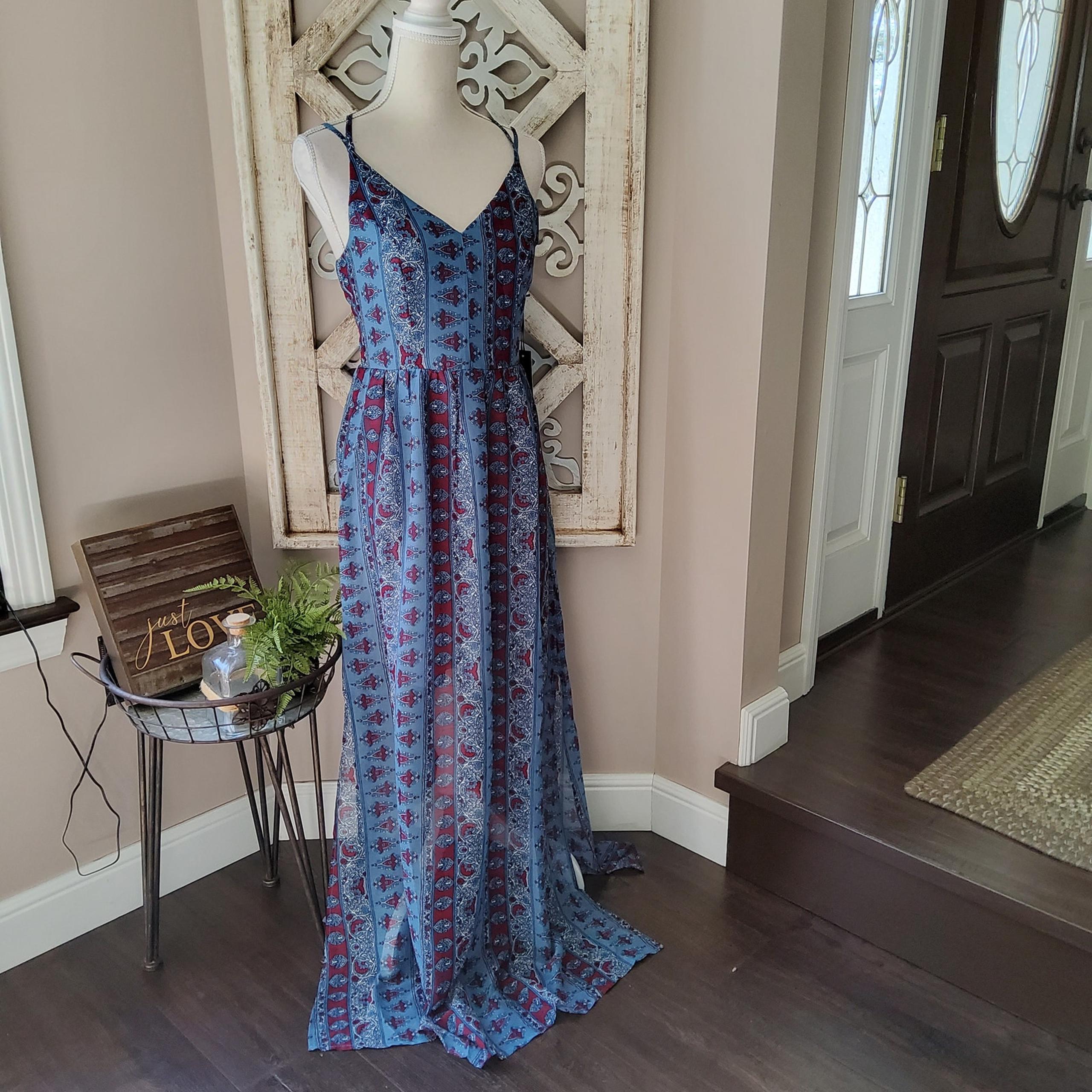 Doe & Rae Women's Strappy Maxi Dress with Side Slits in Blue & Red