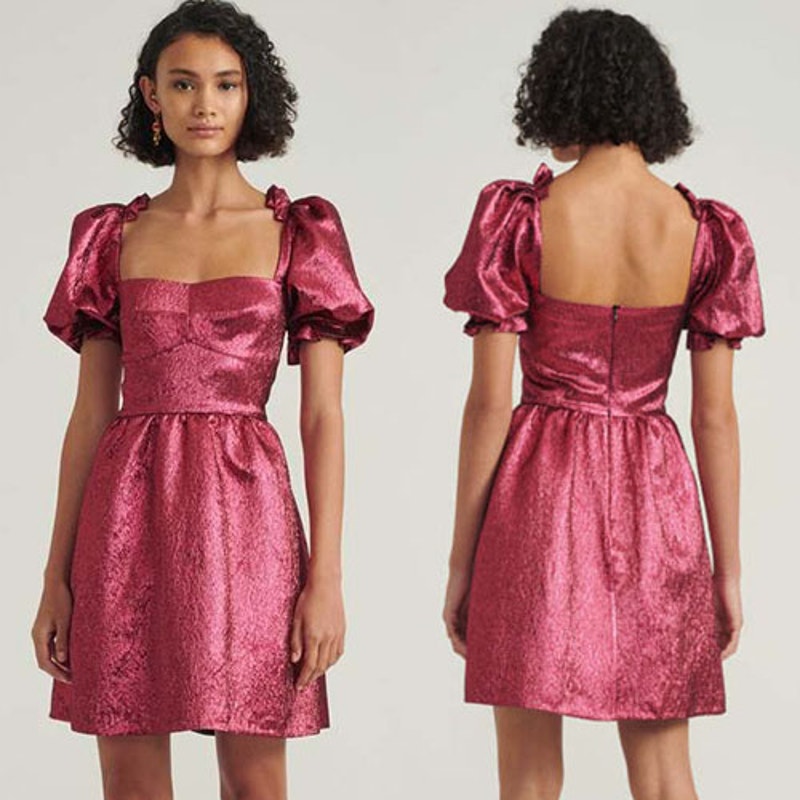 NWT Saloni Rachel-D Fully Lined Puff Sleeve Ruffle Trim Mini Dress Metallic Pink