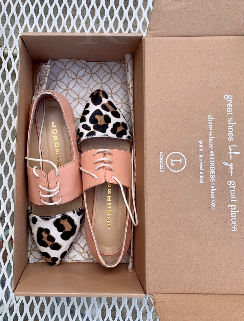 Leopard Calf Hair Leather Animal Print Oxford Flat Shoes by Lordess, Sapien 9.5