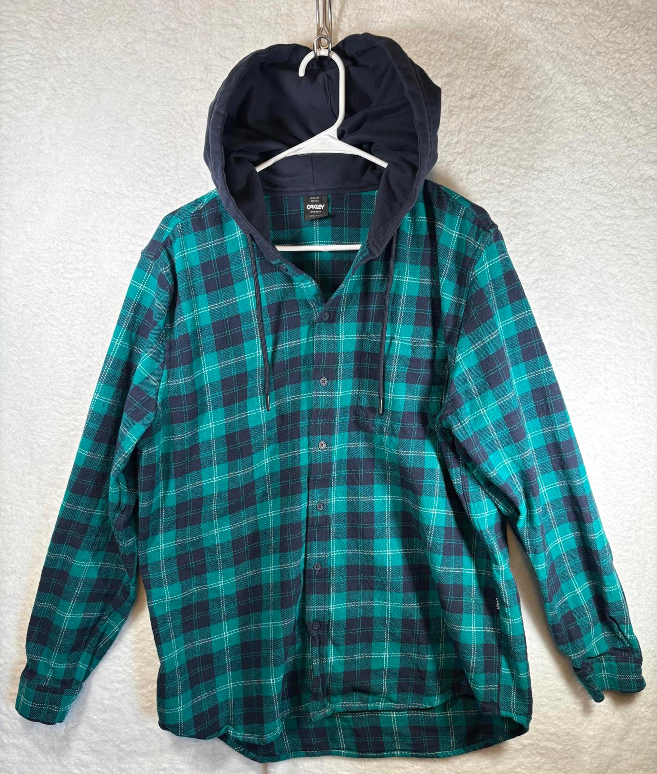 OAKLEY Mens Shirt Hoodie Icon Green Blue Plaid 100% Cotton Button Up 2XL
