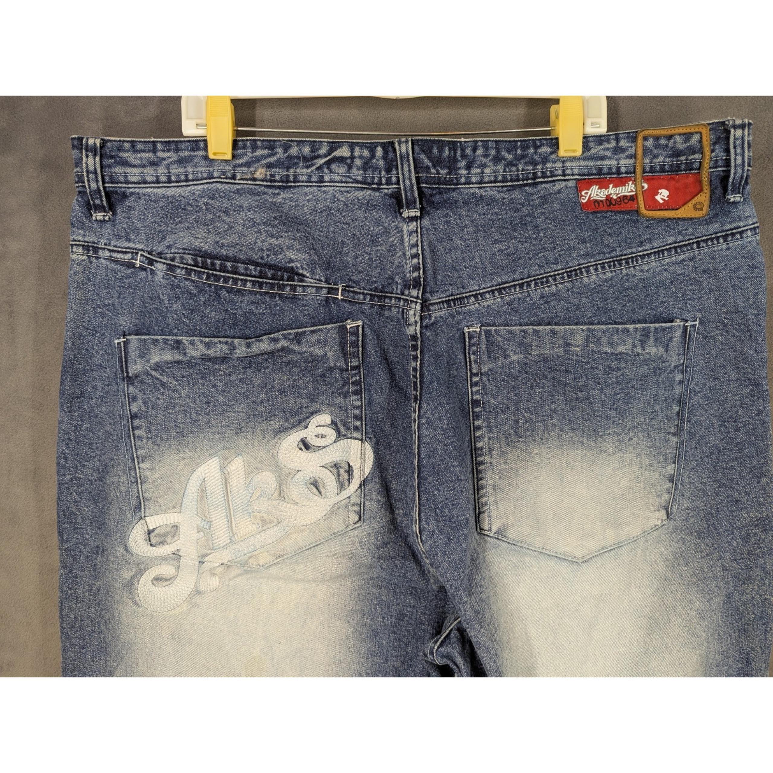 Akademiks Jeans Mens Size 44 Blue Y2K Denim Hip Hop Distressed Embroidered
