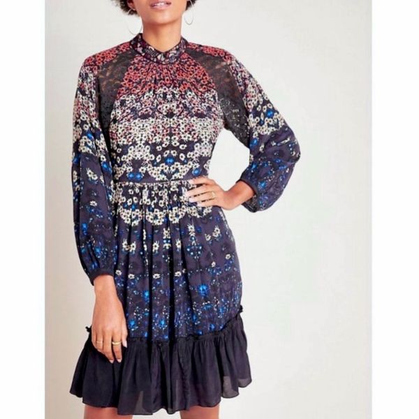 Anthro Bhanuni By Jyoti Long Sleeve Mini Dress Size S Black Floral