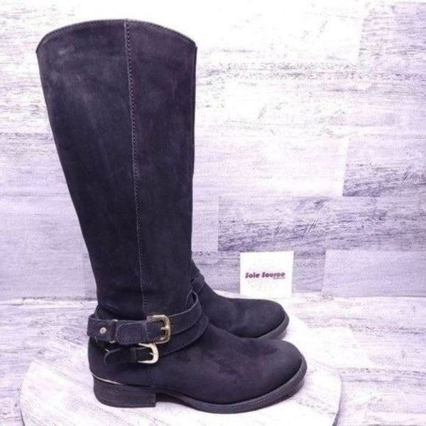 Steve Madden Amill Tall Knee High Leather Moto Boot Black Gold Women's sz 7