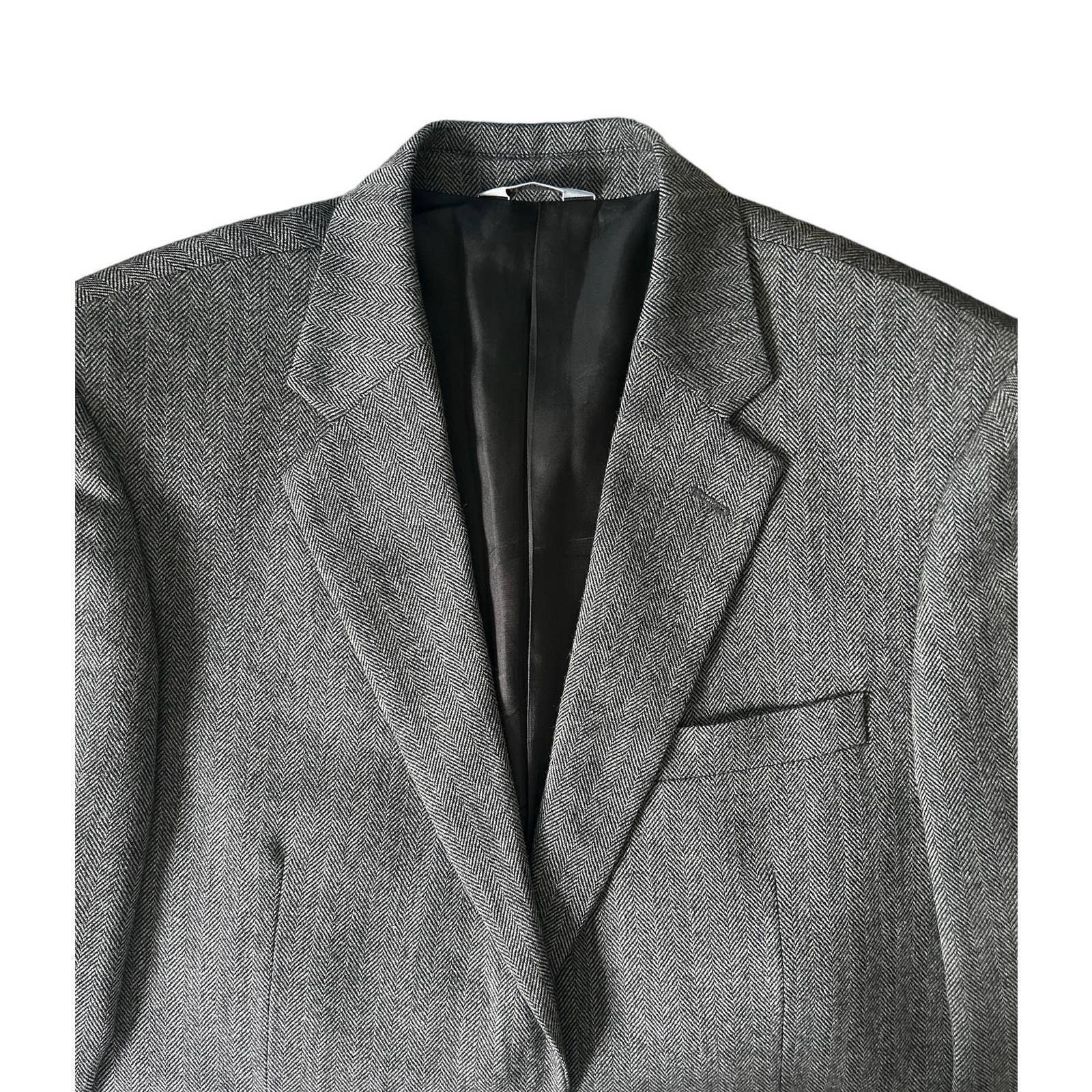 Joseph & Feiss Size 41L 100% Lambs Wool Herringbone Blazer Jacket Gray Black