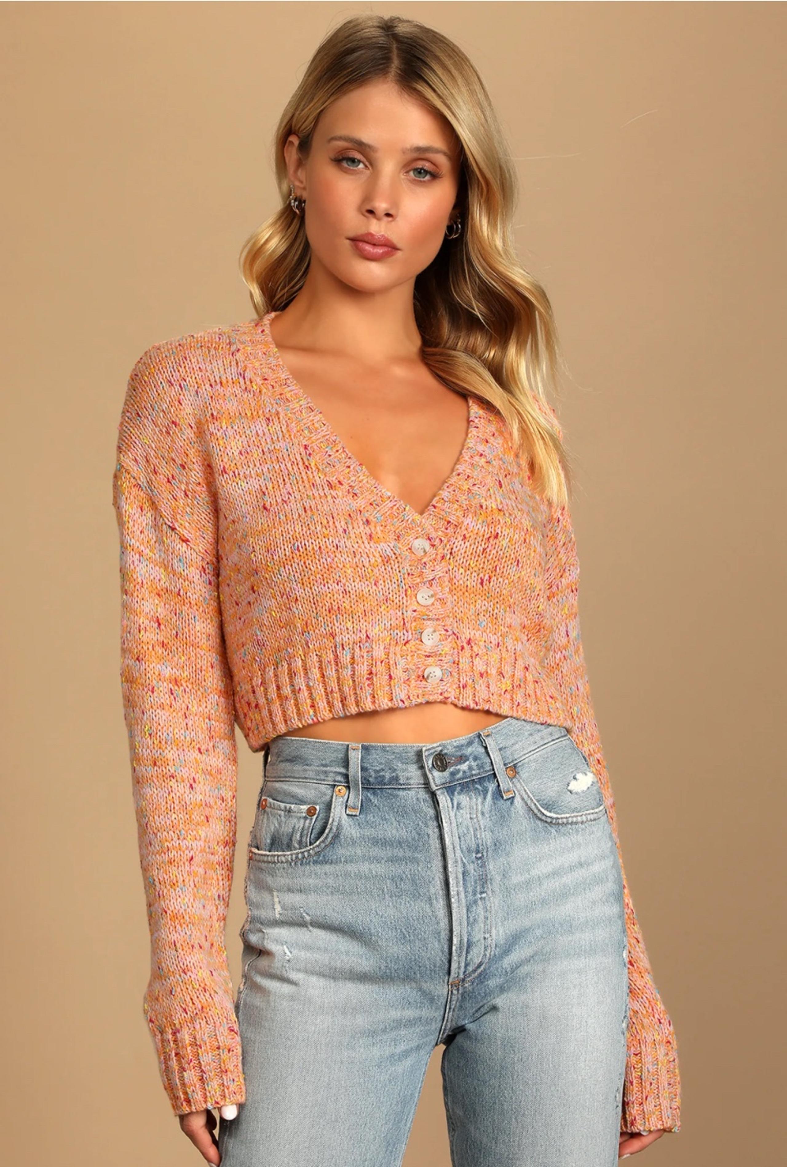 Lulus Cute Confetti Peach Multi Knit Cropped Cardigan Sweater Womens XL