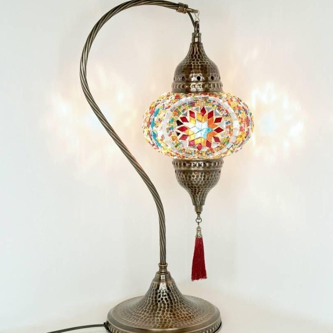 Turkish Morrocan Tiffany Mosaic Style Table Lamp w/Tassle & hammered bronze