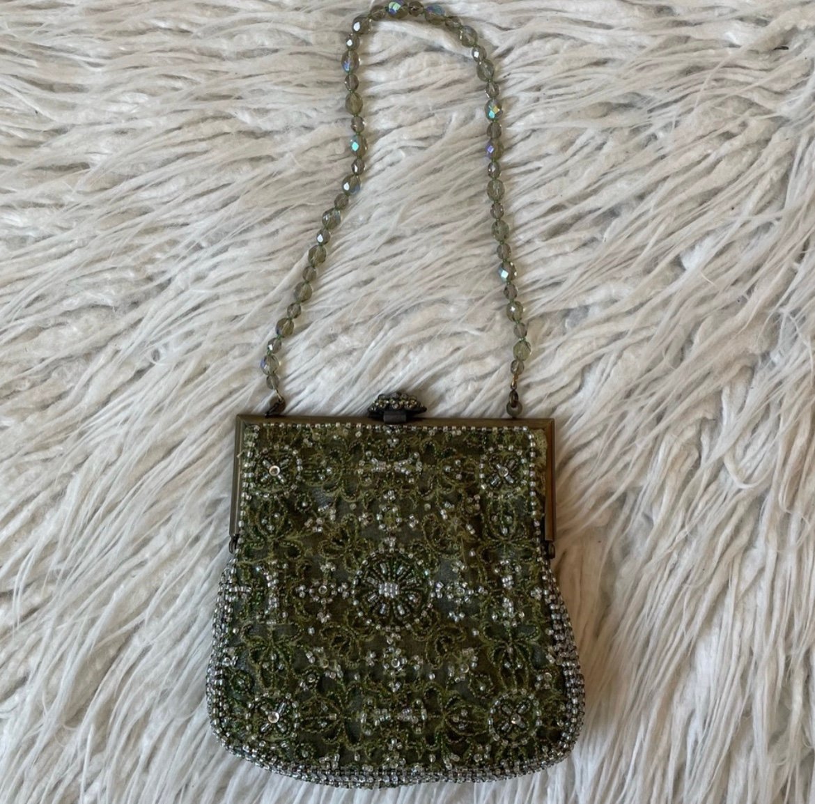 Larisa Barrera Vintage 1999 90s Green Beaded Silk Mini Evening Pouchette Handbag