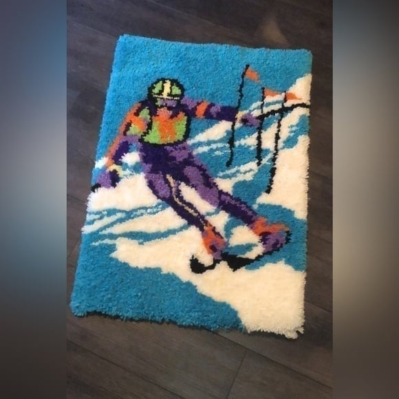 Skiing Shaggy Rug - Vintage Retro Latch Hook Ski Rug Wall Hanging 24” X 34”