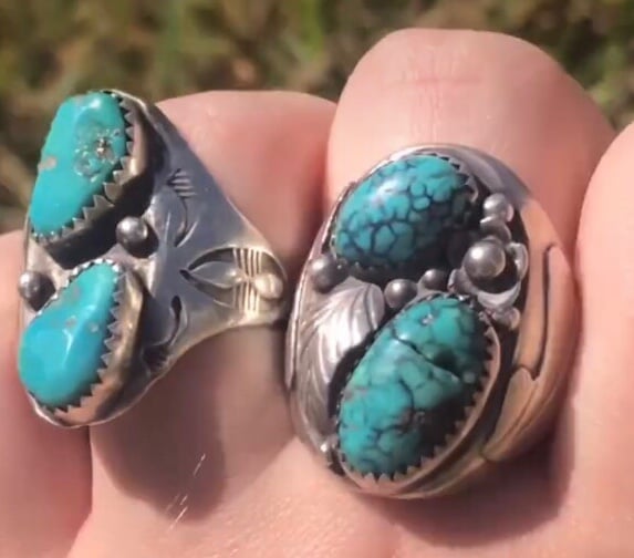 Men’s old pawn silver and turquoise ring with large doublet and sterling details