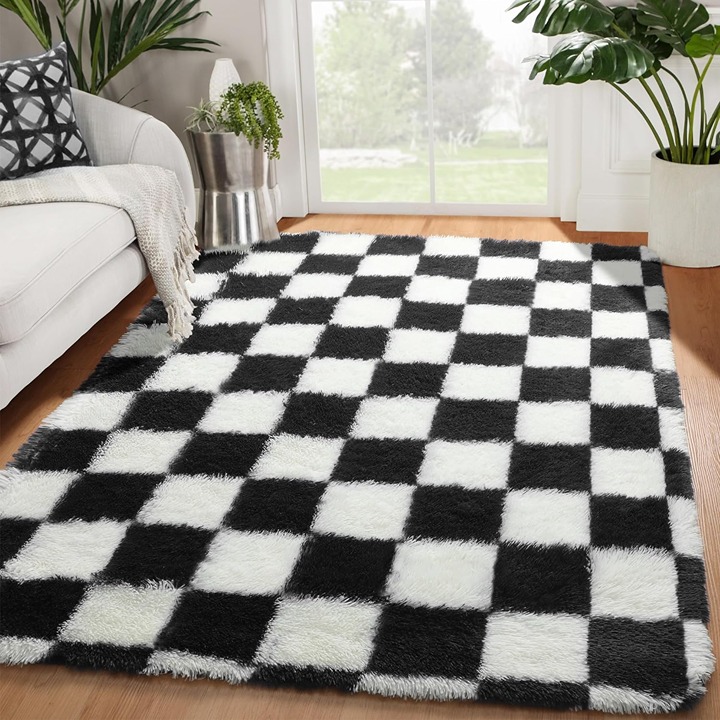 Black and White Rug for Bedroom Living Room, 4x6 Fluffy Checkered Shag Area Rug
