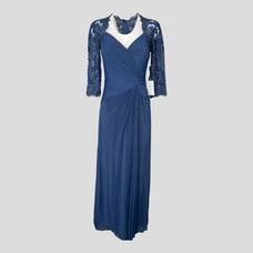 La Femme Ruched Twist Column Gown in Navy