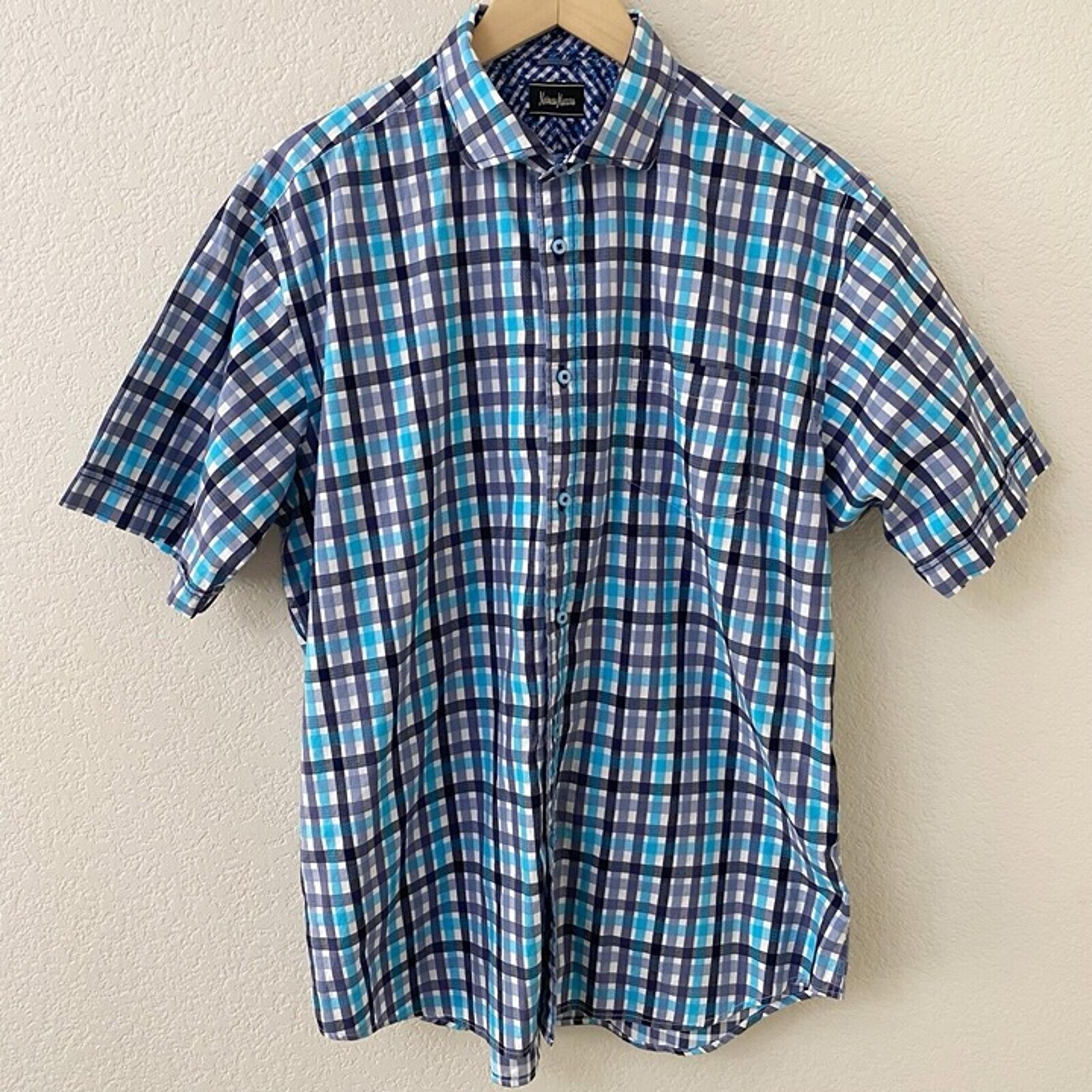 Neiman Marcus Plaid Shirt Mens Size Large Blue Button Down Short Sleeves