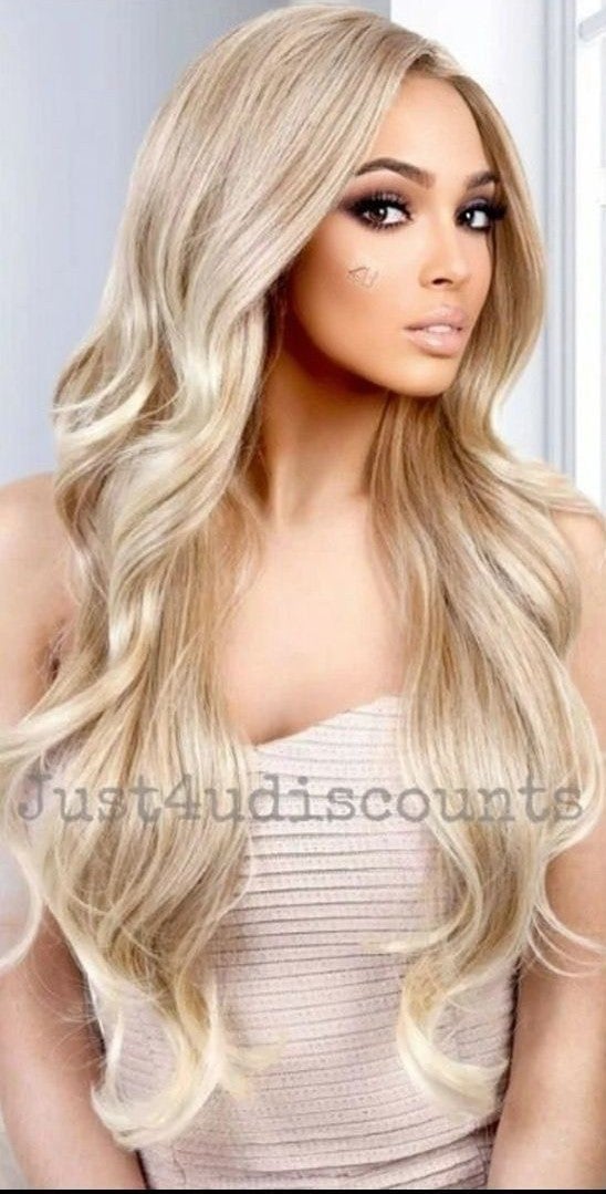 Wavy double blonde gold highlight hd wig