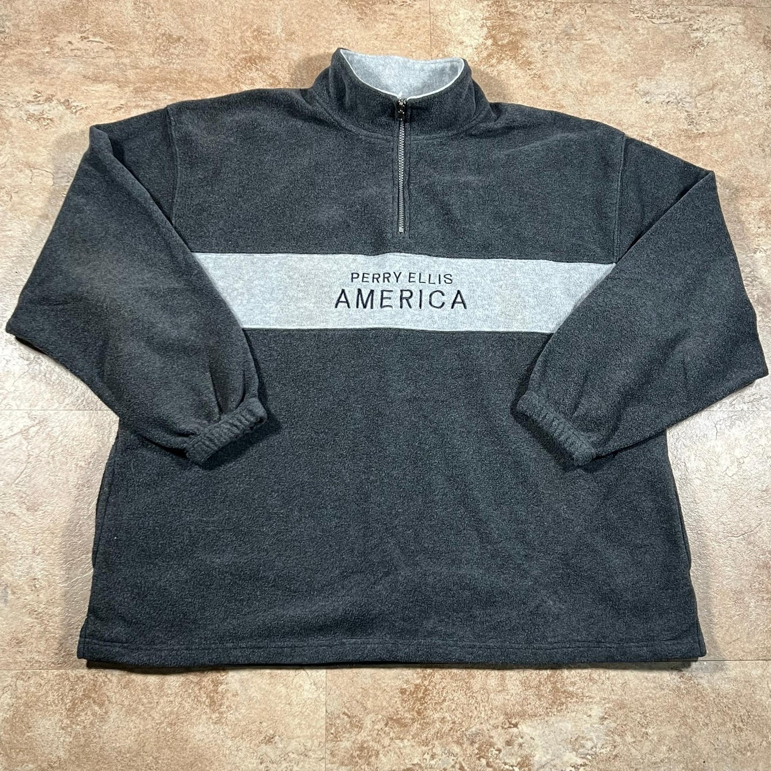 Vintage Perry Ellis America Fleece Sweater Mens 1/4 Zip Pullover Black Gray XXL